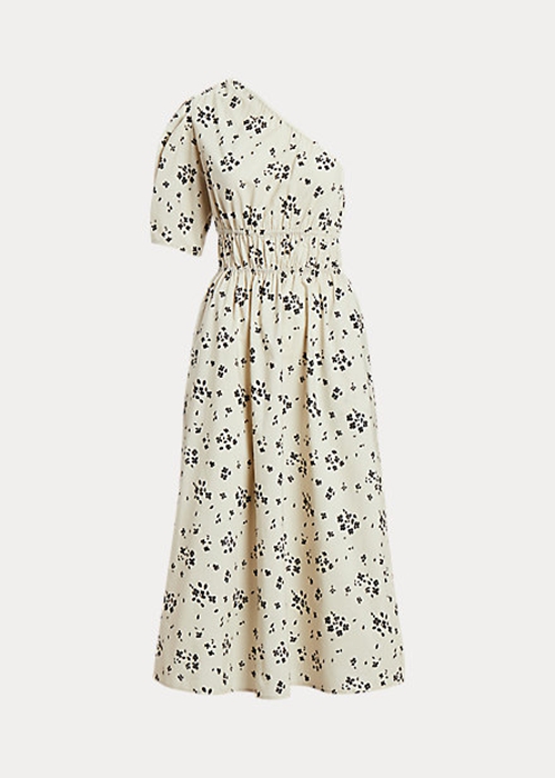 Black / Beige Ralph Lauren Floral Asymmetrical Shirred Poplin Women's Dress | 1236-BAZUV