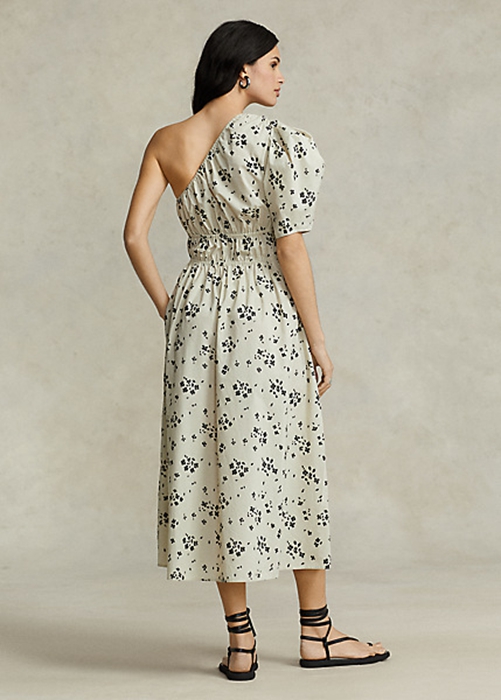 Black / Beige Ralph Lauren Floral Asymmetrical Shirred Poplin Women's Dress | 1236-BAZUV
