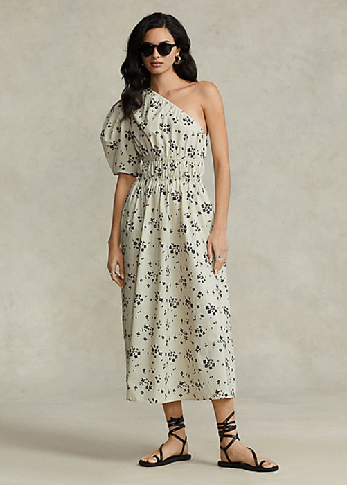 Black / Beige Ralph Lauren Floral Asymmetrical Shirred Poplin Women\'s Dress | 1236-BAZUV