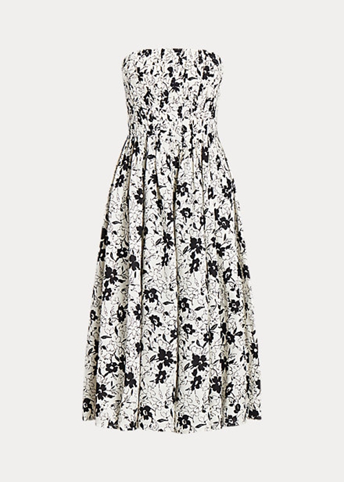 Black / Cream Ralph Lauren Floral Linen Strapless Women's Dress | 1376-WHFVN
