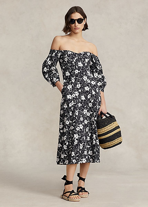 Black / Cream Ralph Lauren Floral Off-the-Shoulder Linen Women\'s Dress | 0784-NPQMR