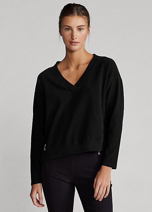 Black Ralph Lauren Jersey V-Neck Women\'s Sweatshirts | 2538-DOJIA