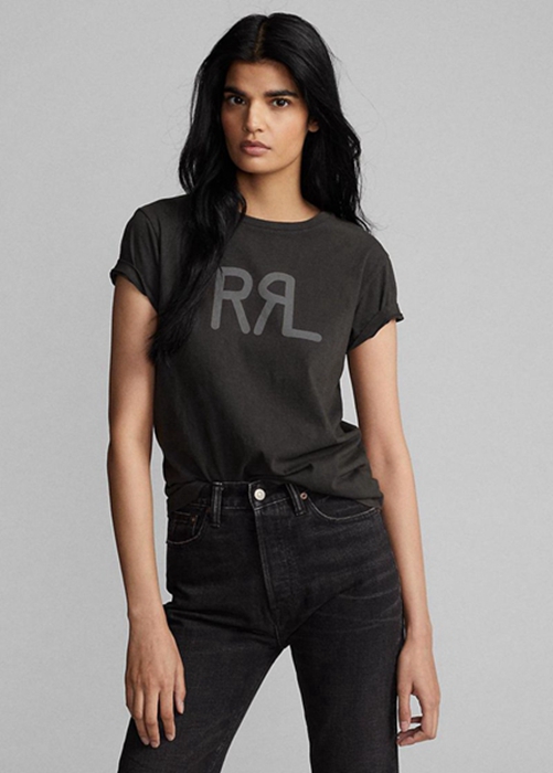 Black Ralph Lauren Logo Cotton Jersey  Women's T Shirts | 4720-PCDLS