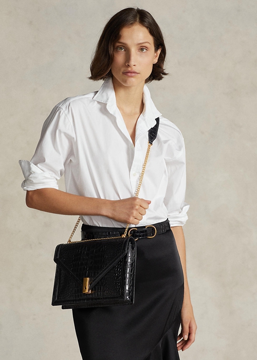 Black Ralph Lauren Polo ID Croc-Embossed Envelope Chain Women's Crossbody Bags | 2830-MADLC