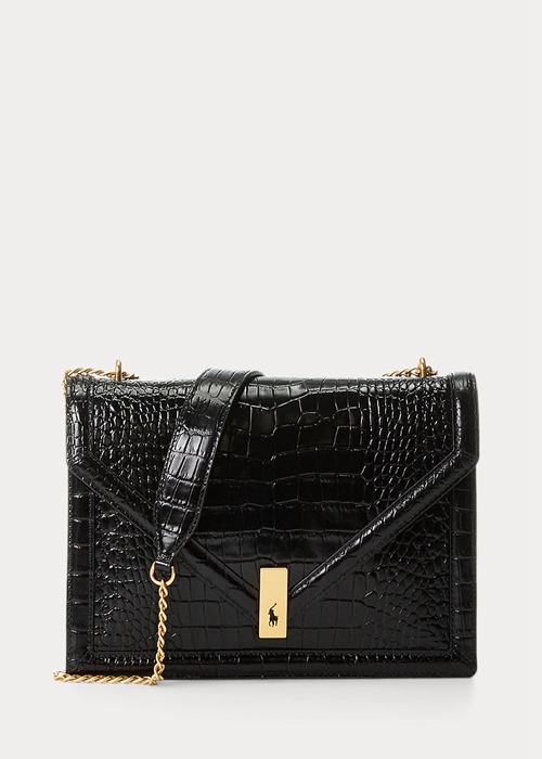 Black Ralph Lauren Polo ID Croc-Embossed Envelope Chain Women\'s Crossbody Bags | 2830-MADLC