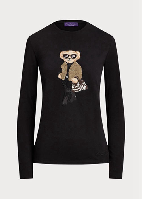 Black Ralph Lauren Utility Bear Cotton Long-sleeve Women's T Shirts | 8175-JUVFK