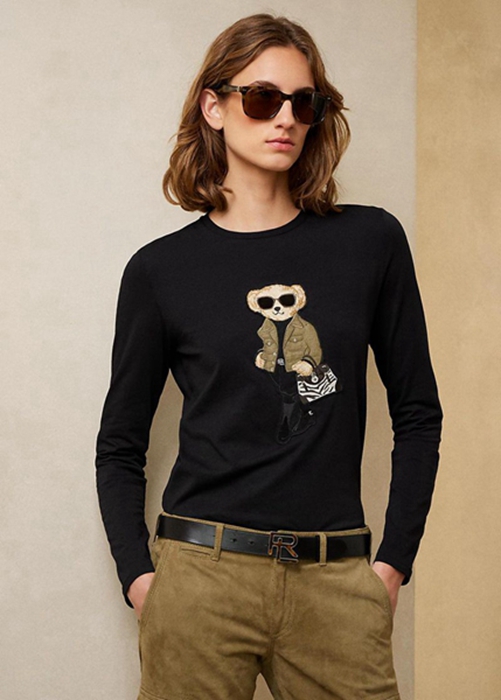 Black Ralph Lauren Utility Bear Cotton Long-sleeve Women\'s T Shirts | 8175-JUVFK
