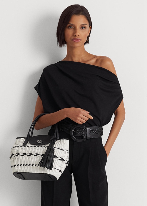 Black/Snow White Ralph Lauren Geo-Motif Woven Leather Large Perri Women's Tote Bags | 8472-YRTSG