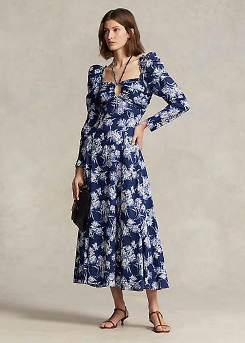 Blue Ralph Lauren Floral Cotton Halter-Tie Women\'s Dress | 3109-XVYPM