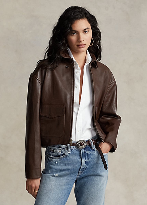 Brown Ralph Lauren Cropped Leather Bomber Women\'s Jackets | 2195-OHAXQ