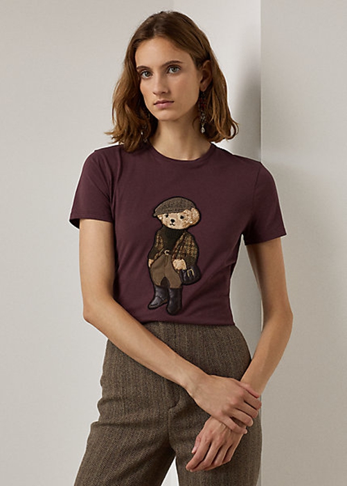 Burgundy Ralph Lauren Tweed Polo Bear Cotton Women\'s T Shirts | 4372-AYQJF