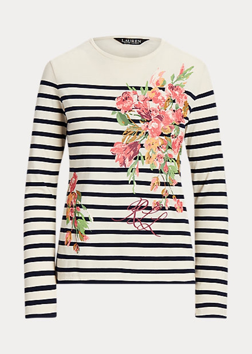 Cream / Navy Ralph Lauren Floral & Striped Jersey Long-Sleeve Women's T Shirts | 2065-NYRGX