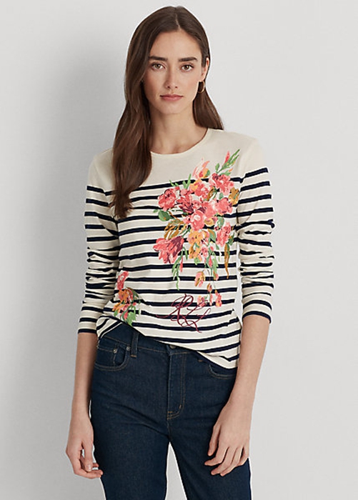 Cream / Navy Ralph Lauren Floral & Striped Jersey Long-Sleeve Women\'s T Shirts | 2065-NYRGX