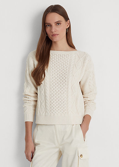 Cream Ralph Lauren Aran-Knit Cotton Boatneck Women\'s Sweaters | 2650-EBXPC