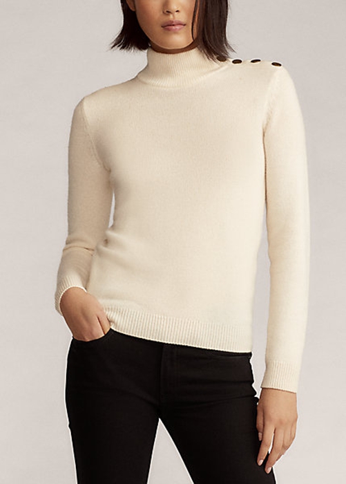 Cream Ralph Lauren Buttoned Cashmere Turtleneck Women\'s Sweaters | 4039-OXQTV
