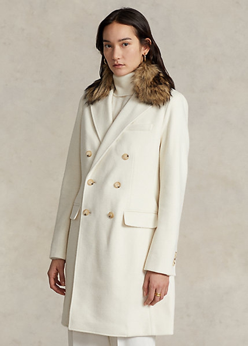 Cream Ralph Lauren Faux Fur-Collar Double-Breasted Women\'s Coats | 8102-NRYKL