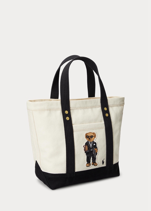 Ecru/Black Ralph Lauren Canvas Small Polo Bear Women's Tote Bags | 9580-HYONL