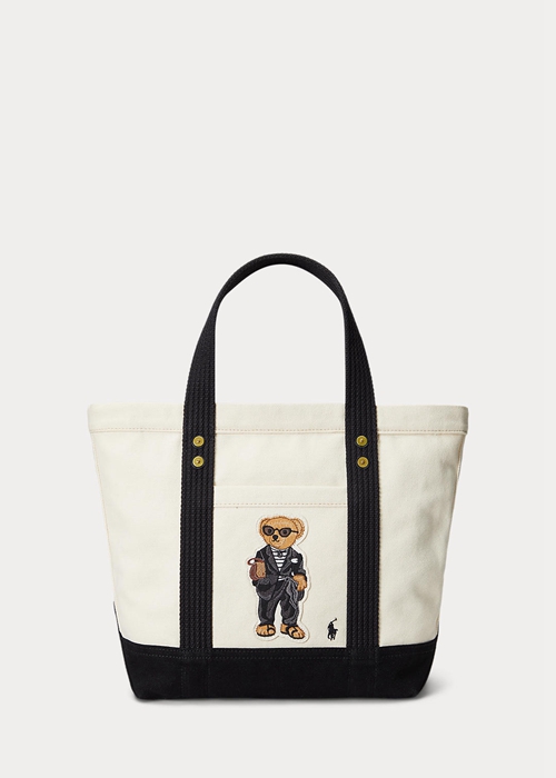 Ecru/Black Ralph Lauren Canvas Small Polo Bear Women\'s Tote Bags | 9580-HYONL