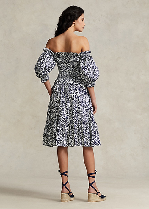Flower Ralph Lauren Floral Blouson-Sleeve Cotton Women's Dress | 6975-KXJQB