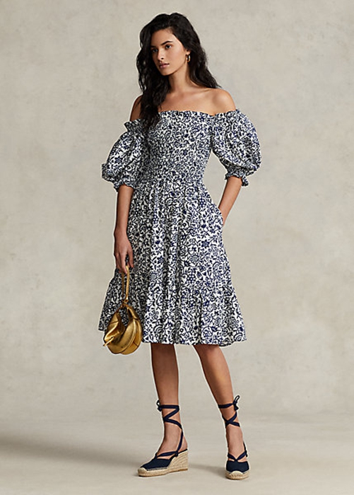 Flower Ralph Lauren Floral Blouson-Sleeve Cotton Women\'s Dress | 6975-KXJQB