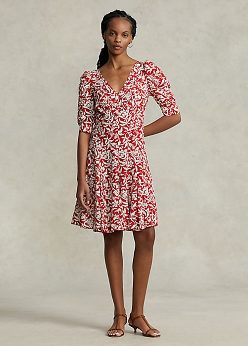 Flower Ralph Lauren Floral Mutton-Sleeve Godet Crepe Women\'s Dress | 0796-ZKLFH