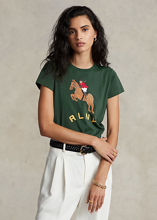 Green Ralph Lauren Equestrian Appliqué Logo Jersey Women\'s T Shirts | 0182-JDLSU