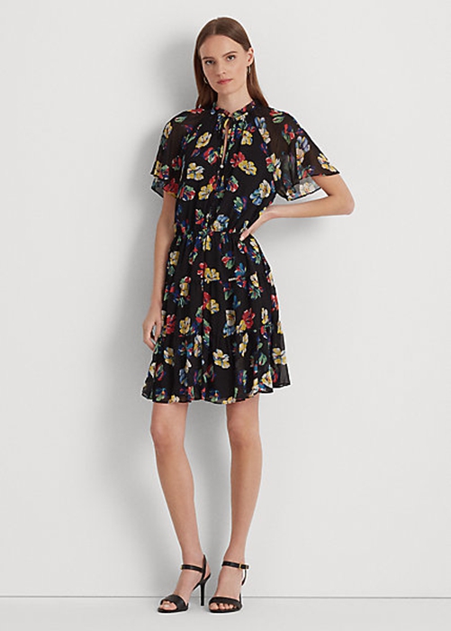 Multicolor Ralph Lauren Floral Crinkle Georgette Women\'s Dress | 4607-GFYMQ