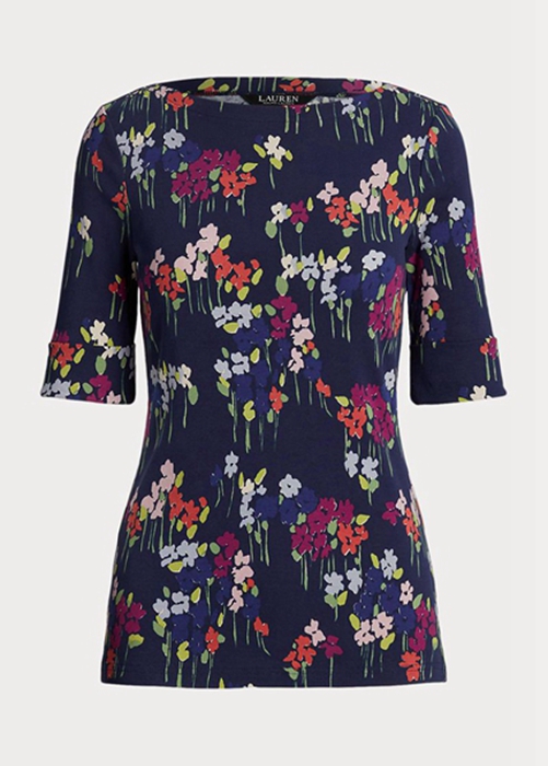 Multicolor Ralph Lauren Floral Stretch Cotton Boatneck  Women's T Shirts | 3621-FSGOW