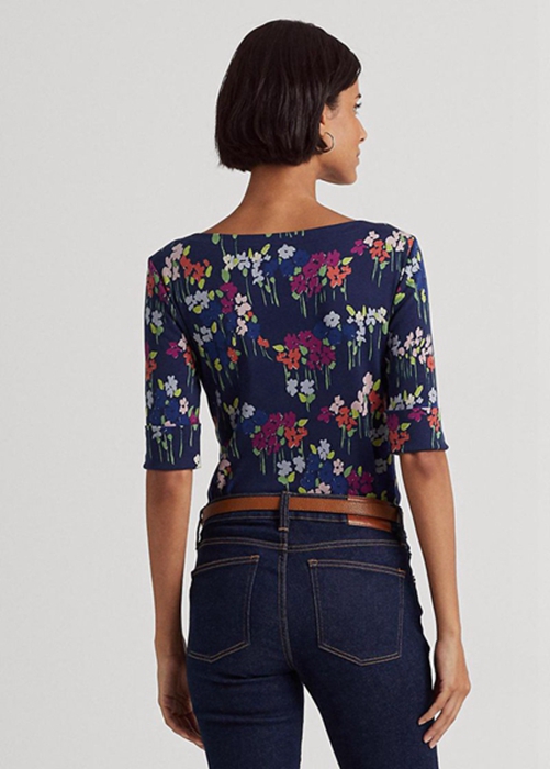 Multicolor Ralph Lauren Floral Stretch Cotton Boatneck  Women's T Shirts | 3621-FSGOW