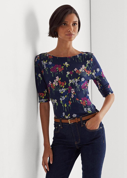 Multicolor Ralph Lauren Floral Stretch Cotton Boatneck  Women\'s T Shirts | 3621-FSGOW