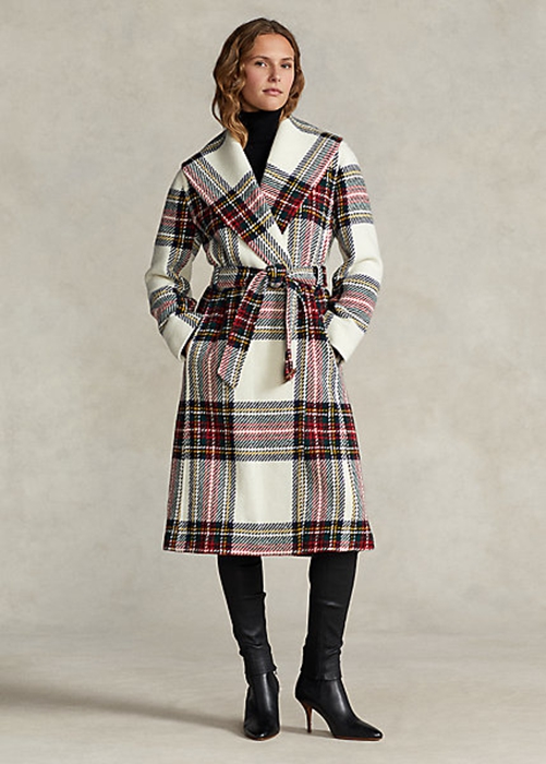 Multicolor Ralph Lauren Plaid Wool-Blend Herringbone Wrap Women\'s Coats | 4351-BAXWQ