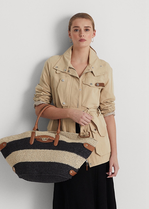 Natural/Black/Lauren Tan Ralph Lauren Striped Straw Medium Daphney Women's Tote Bags | 8367-XMTJP