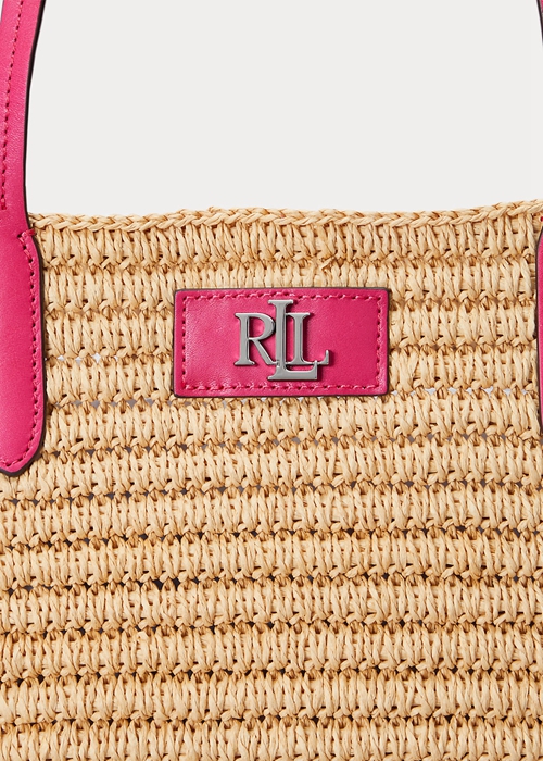 Natural/Sport Pink Ralph Lauren Leather-Trim Straw Large Brie Women's Tote Bags | 6870-NJPVM