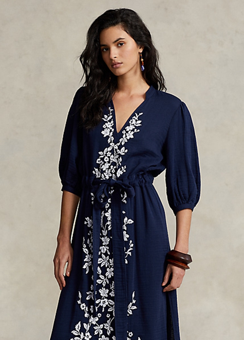 Navy Ralph Lauren Floral-Embroidered Gauze Maxidress Women's Dress | 7459-FGXIO
