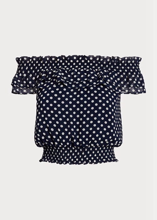 Navy Ralph Lauren Polka-dot Off-the-shoulder Blouse  Women's Tops | 8495-EQARB