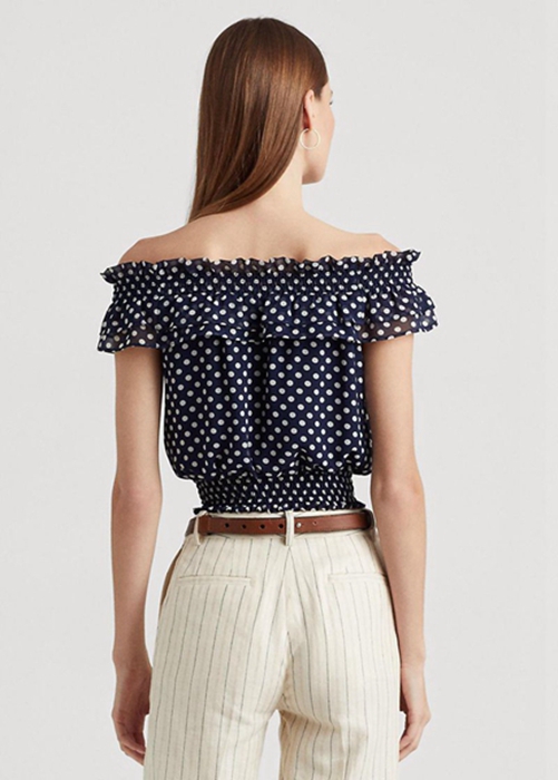 Navy Ralph Lauren Polka-dot Off-the-shoulder Blouse  Women's Tops | 8495-EQARB