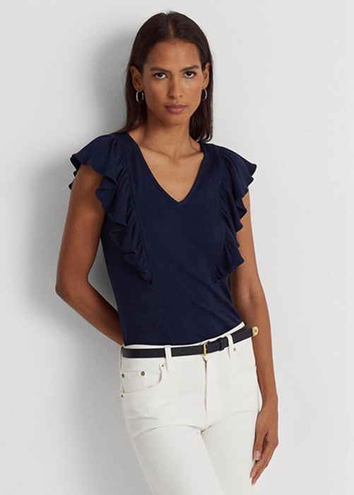 Navy Ralph Lauren Ruffle-trim Rib-knit   Women\'s T Shirts | 1204-ZOENB