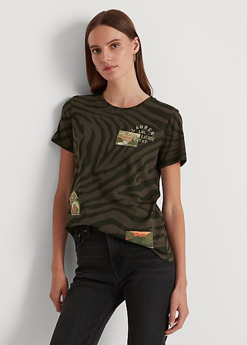 Olive Ralph Lauren Zebra-Print Jersey Women\'s T Shirts | 1628-EYUIO