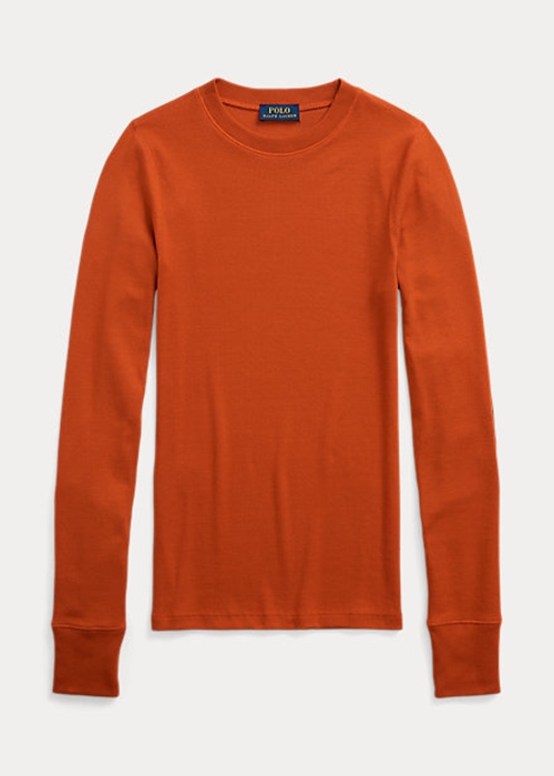 Orange Ralph Lauren Ribbed Suede-Trim Long-Sleeve Women's T Shirts | 6195-MHNAO