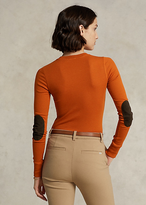 Orange Ralph Lauren Ribbed Suede-Trim Long-Sleeve Women's T Shirts | 6195-MHNAO