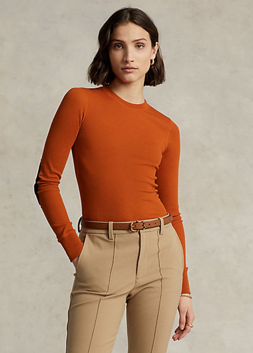 Orange Ralph Lauren Ribbed Suede-Trim Long-Sleeve Women\'s T Shirts | 6195-MHNAO
