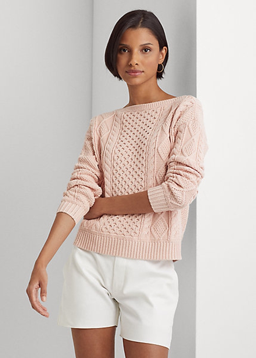 Pink Ralph Lauren Aran-Knit Cotton Boatneck Women\'s Sweaters | 7198-YMJRT