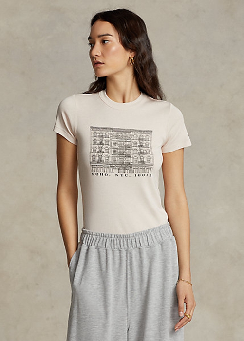 Pink Ralph Lauren Slim Graphic Ribbed Cotton Women\'s T Shirts | 7421-MQIHW