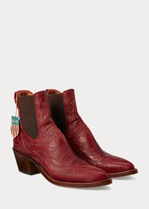 Red Ralph Lauren Lottie Embroidered Leather Women's Boots | 8059-YSMIN
