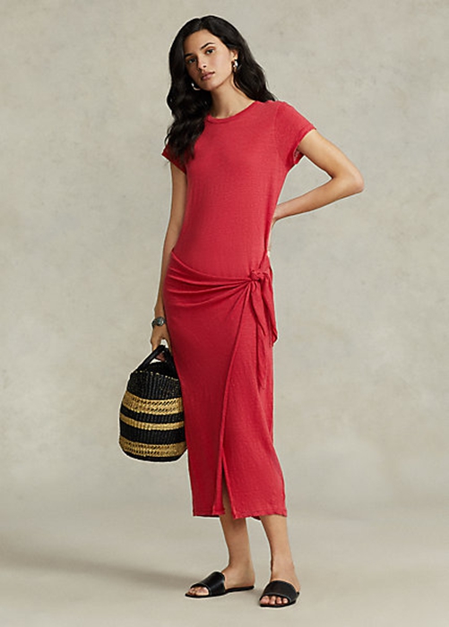 Red Ralph Lauren Tie-Detail Linen Jersey Women\'s Dress | 6581-UWPDM