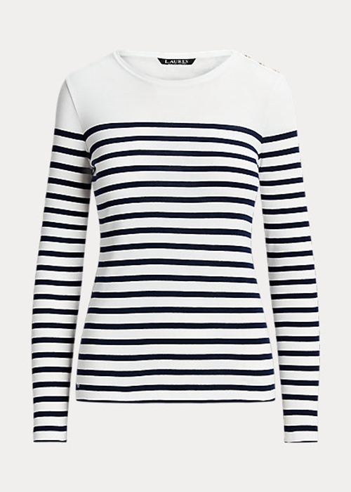 White / Navy Ralph Lauren Striped Cotton Long-Sleeve Women's T Shirts | 2637-GDZYH