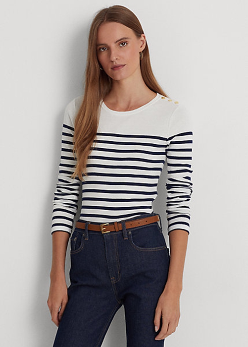 White / Navy Ralph Lauren Striped Cotton Long-Sleeve Women\'s T Shirts | 2637-GDZYH