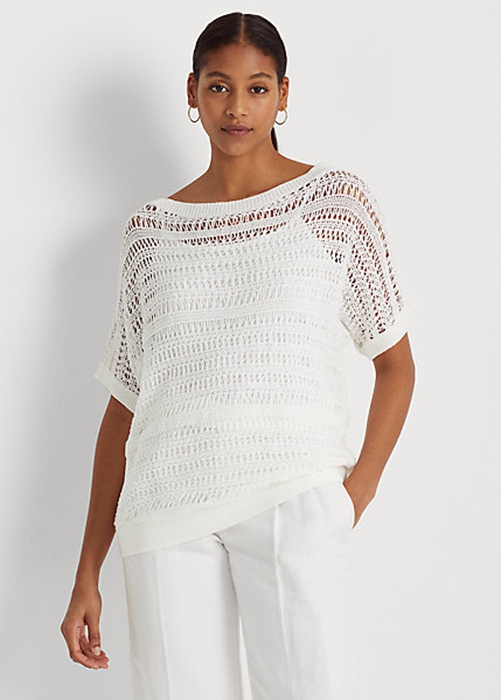 White Ralph Lauren Cotton Mesh Short-Sleeve Women\'s Sweaters | 0189-MYQNT