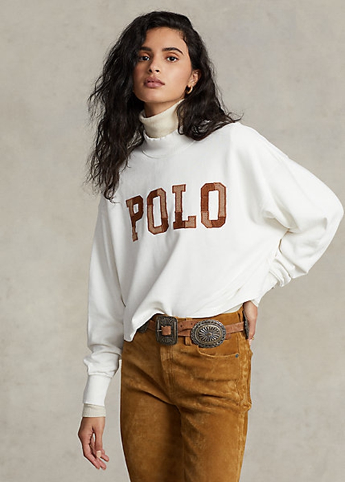 White Ralph Lauren Logo Oversize Mockneck Cotton Women\'s Sweatshirts | 2048-EXUHO