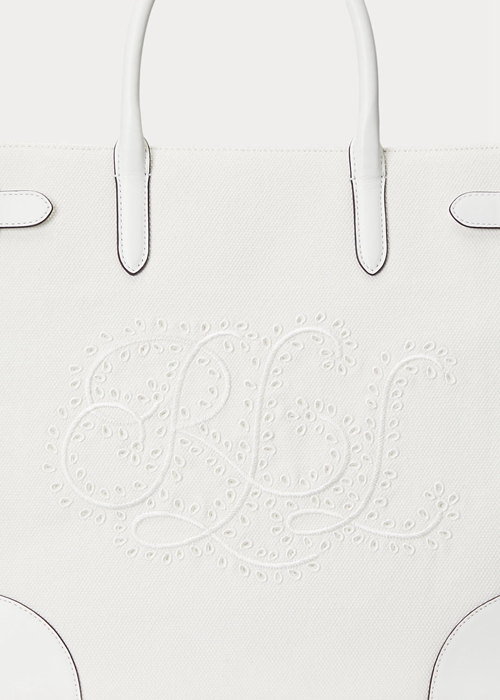 White/White Ralph Lauren Eyelet Canvas Large Devyn Women's Tote Bags | 7420-KNSAP